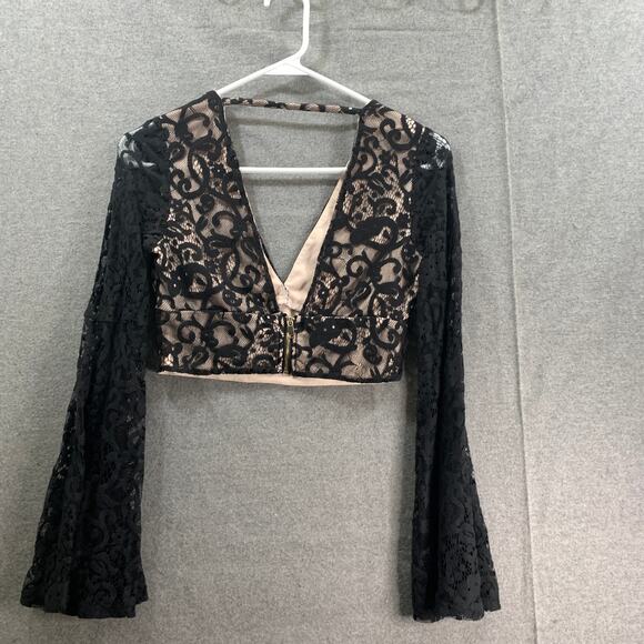 FOREVER 21 Cropped Top Longsleeve Shirt Women Small Black Lace Shirt Ladies - Picture 2 of 6